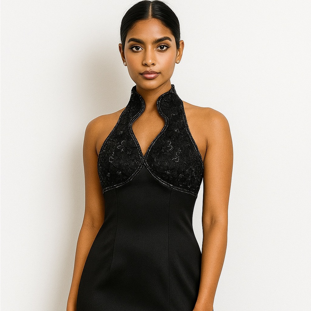 Alyce Designs Vintage Gown‎ Black Halter Sequin Y2K Formal Dress Size 6